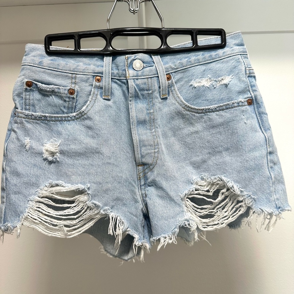 Distressed Light Blue Denim Shorts